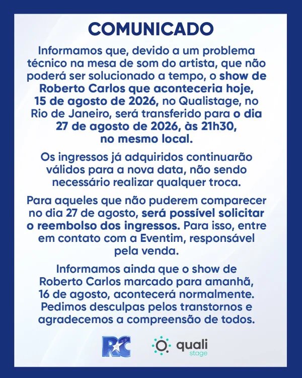 Roberto Carlos adia show no Rio após problemas técnicos; veja nota - destaque galeria